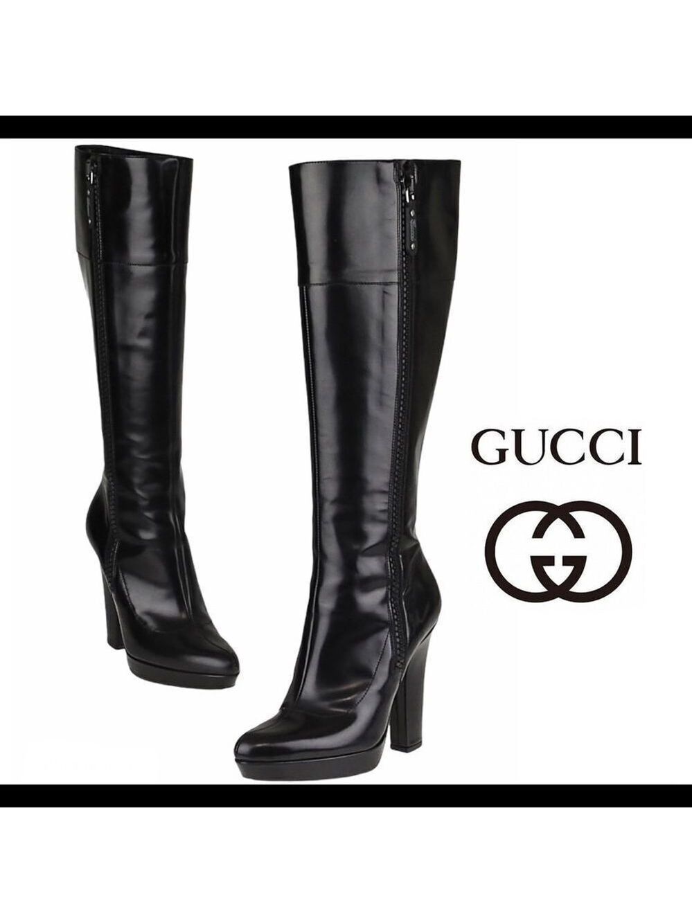 GUCCI Black Glossy Leather Knee High Platform Boot Sz 10B